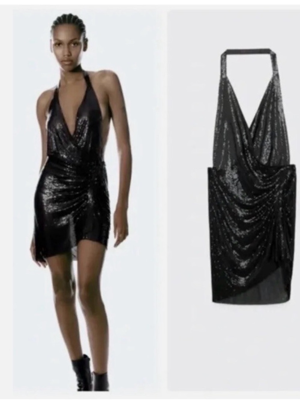 Zara Black Sequin Halter Cowl Mini Dress